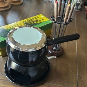 Vintage Copco Enameled Fondue Pot w/ Boxed Set Fred Roberts Co Forks and Stand